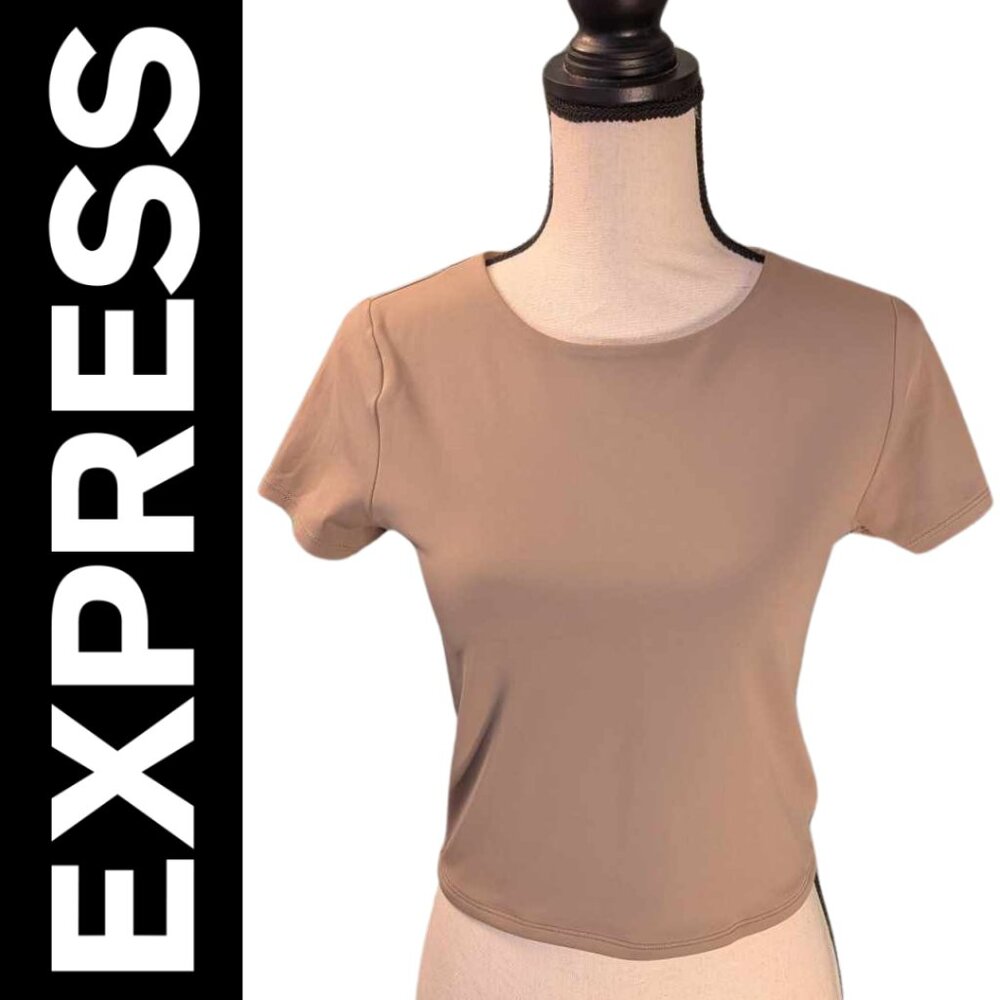 Express Body Contour High Compression Cropped Workout Tee Tan Color